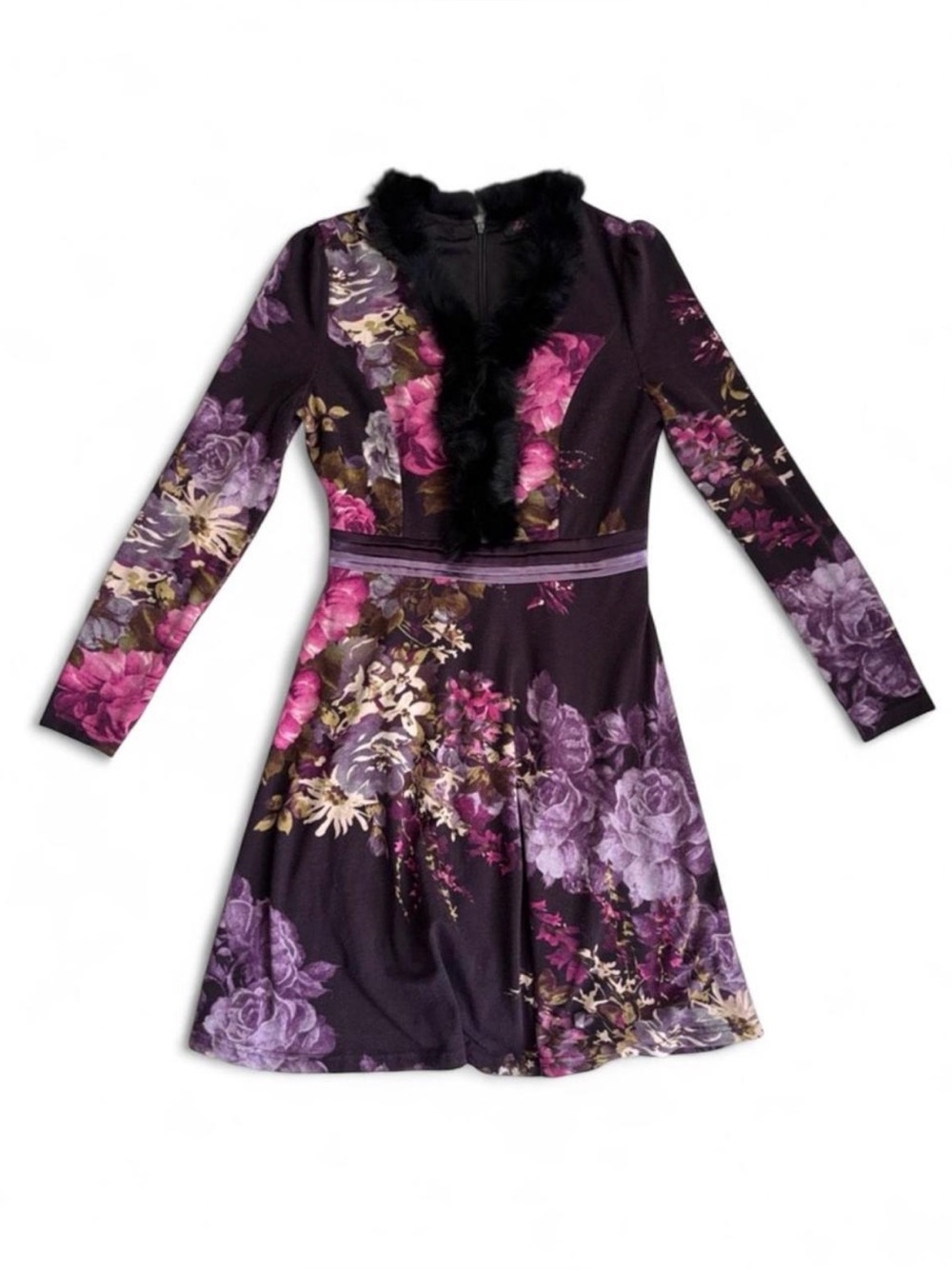 90s floral purple fur collar dress size S